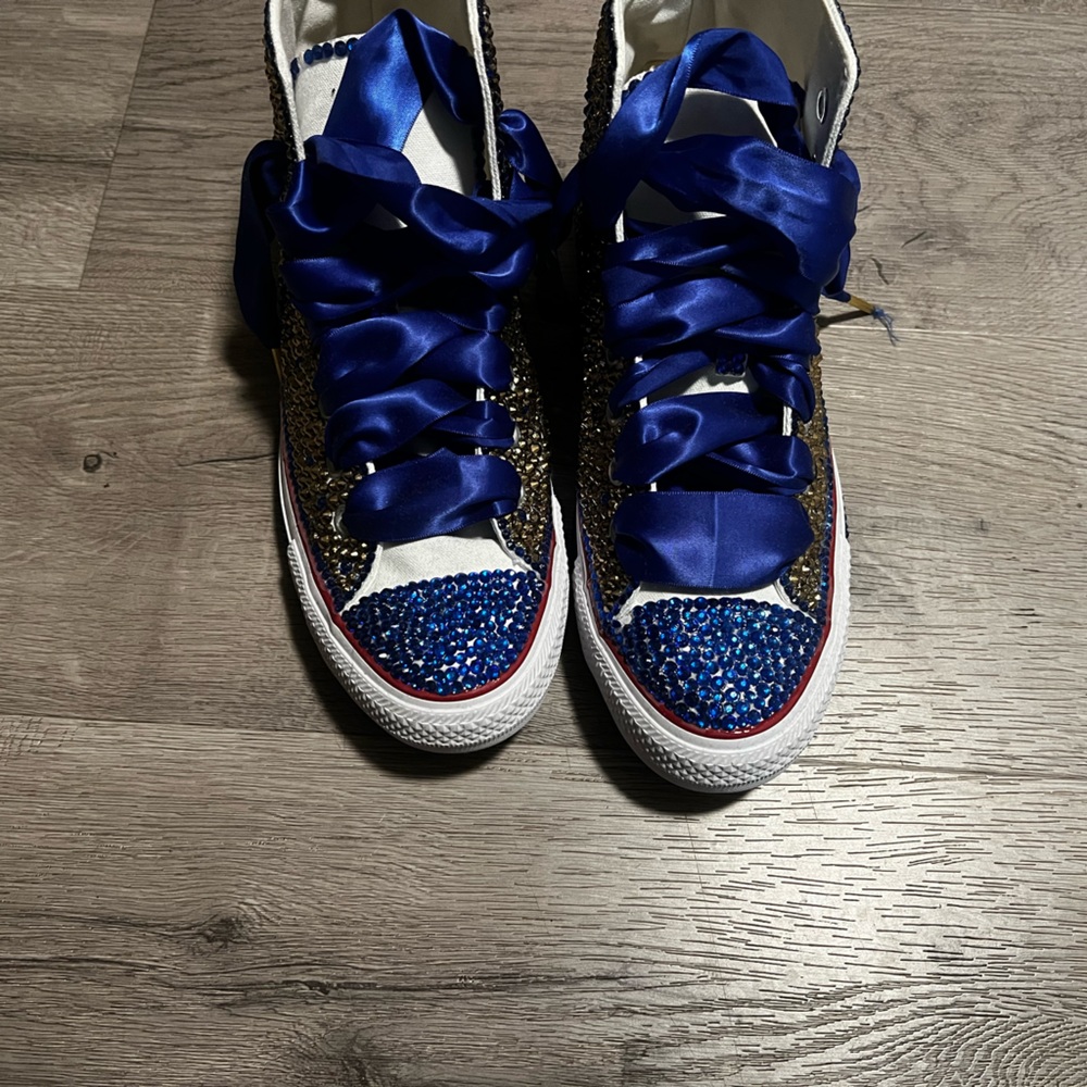 Women custom made size 10 bejeweled blue/gold rhinestone converse high tops.
